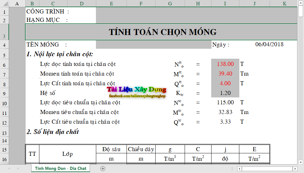 Bảng excel tính móng đơn địa chất Bảng excel tính móng đơn địa chất