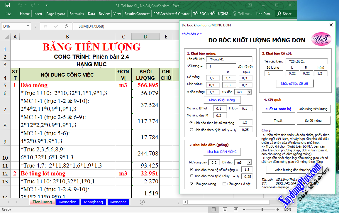 excel tính móng băng giao thoa