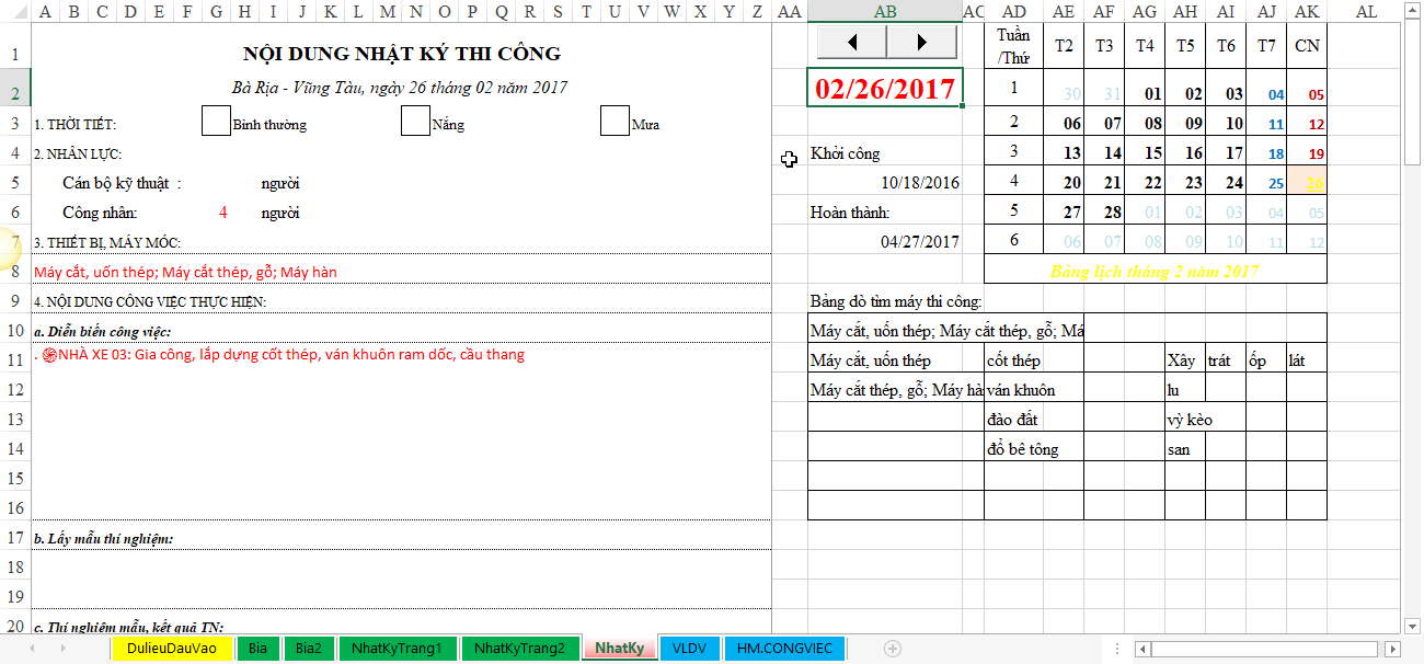 Bảng tính Excel nhật ký thi công