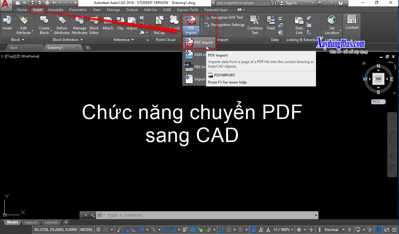 Chức năng chuyển PDF sang CAD trên AutoCAD 2018