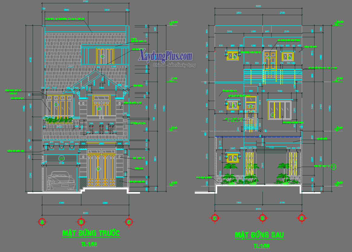 Hồ sơ mẫu bản vẽ nhà phố 3 tầng 6x20m