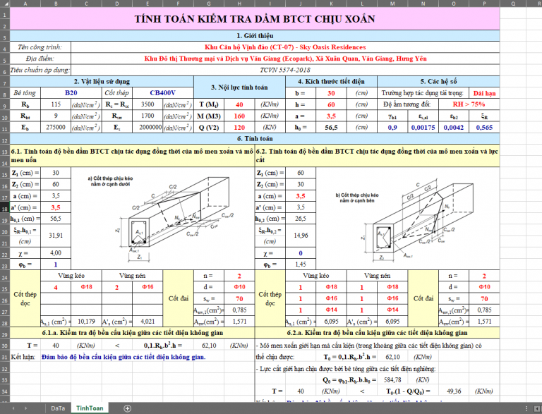 File excel kiểm tra dầm BTCT chịu xoắn TCvn 5574-2018