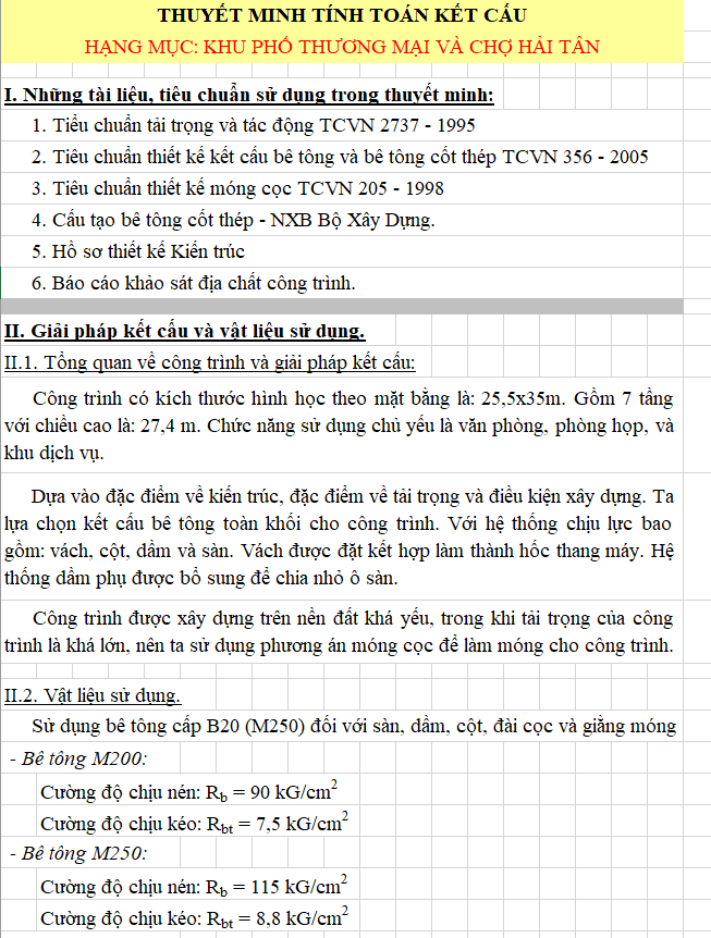 Thuyết minh tính toán kết cấu trên excel